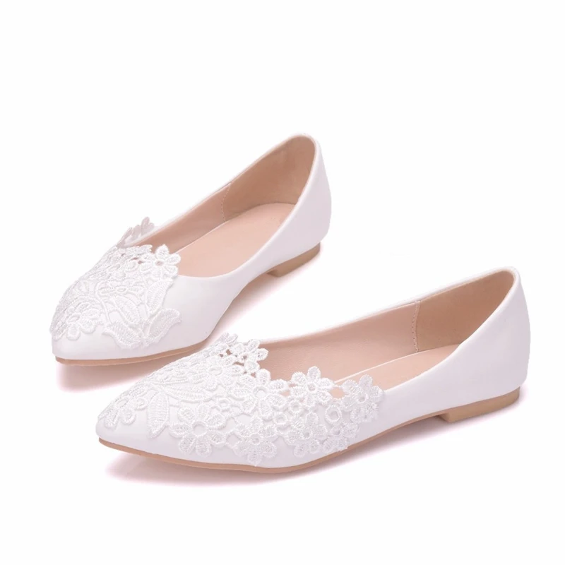 

Dropshipping New Wedding Lace White Flat Women's Shoes Female Pointed Single Flat And Shallow Brides Bridesmaids Shoes XY-B0172