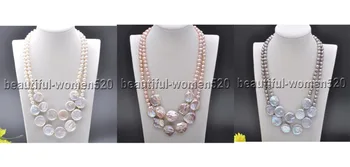 

X0208 2Strands 22mm Round Coin Freshwater Pearl Necklace 20inch