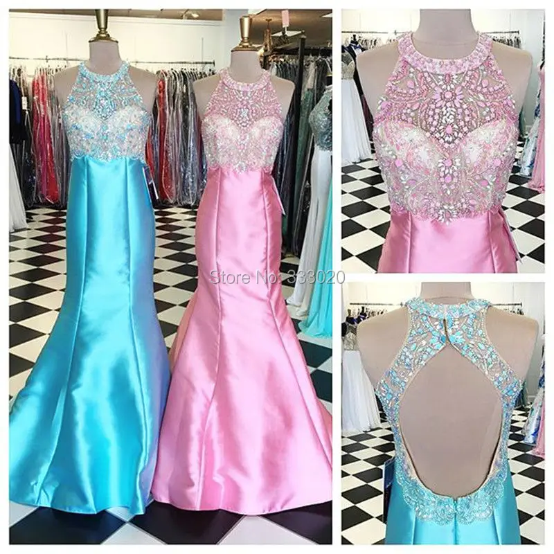 Beaded Satin Open Back Mermaid Prom font b Dress b font Fitted Formal font b Evening