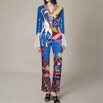 

Newest Stylish 2020 Designer Runway Suit Set Women's Flare Sleeve Novelty Print Blazer Pants Suit