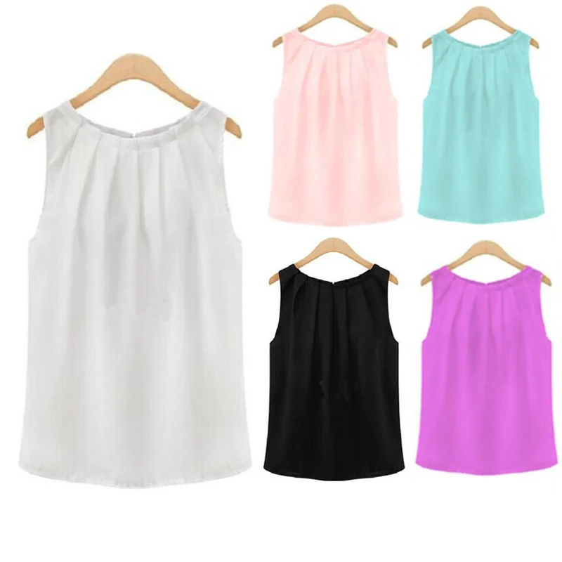 

2019 new summer round neck pullover wrinkle sleeveless chiffon shirt
