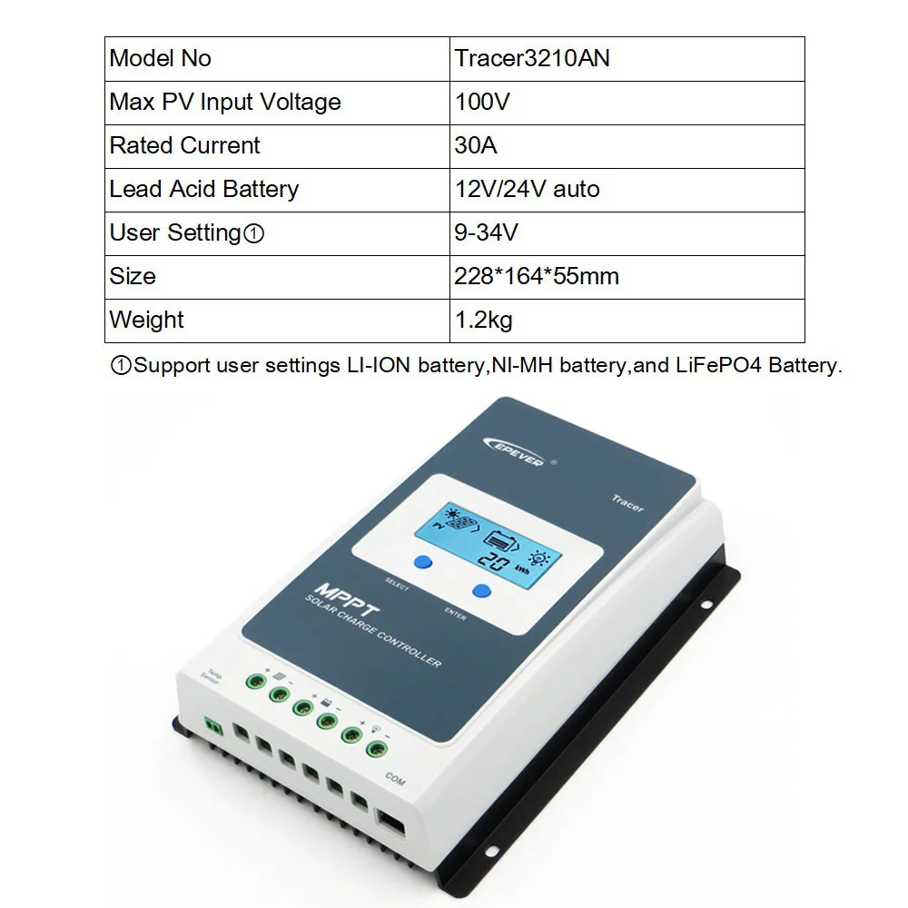 40 Вт, 30 Вт/20/10A Tracer EPSOLAR MPPT Контроллер заряда для фотоэлектрических систем MT50 WI-FI bluetooth RTS300R47K3.81A CC-USB-RS485-150U мобильное приложение - Цвет: Tracer3210AN