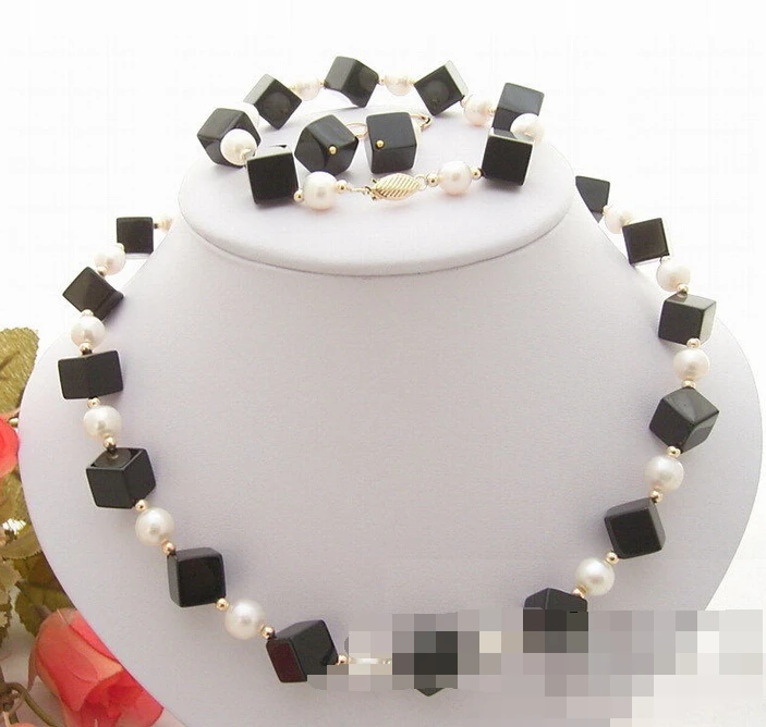 

free shipping 07671 Pearl&Onyx Necklace&Bracelet&Earring Set (A0423)