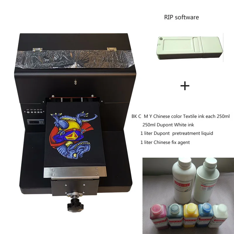 

A4 Size DTG T-Shirt Printer to Print Dark Light Color Garment Flatbed Printer machine