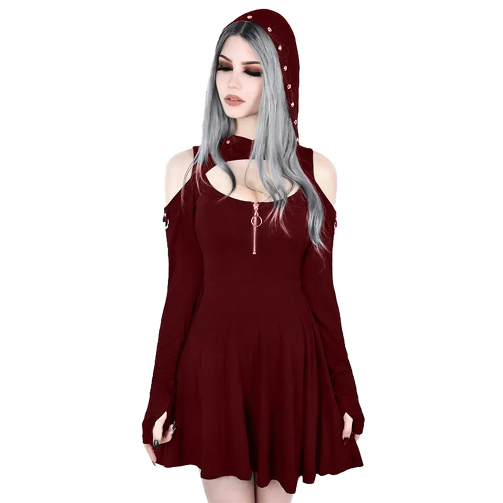 

Original Plus size Summer Dress Women's Fashion Gothic Pure Color Hooded Low Cut Cold Shoulder Zippe Mini Dress 20
