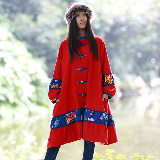 Cheap BOHOCHIC Original Retro Ethnic Embroidery Cotton Linen Women Long Warm Black Parka Plus Size Loose Maxi Red Coat AZ0421D Boho