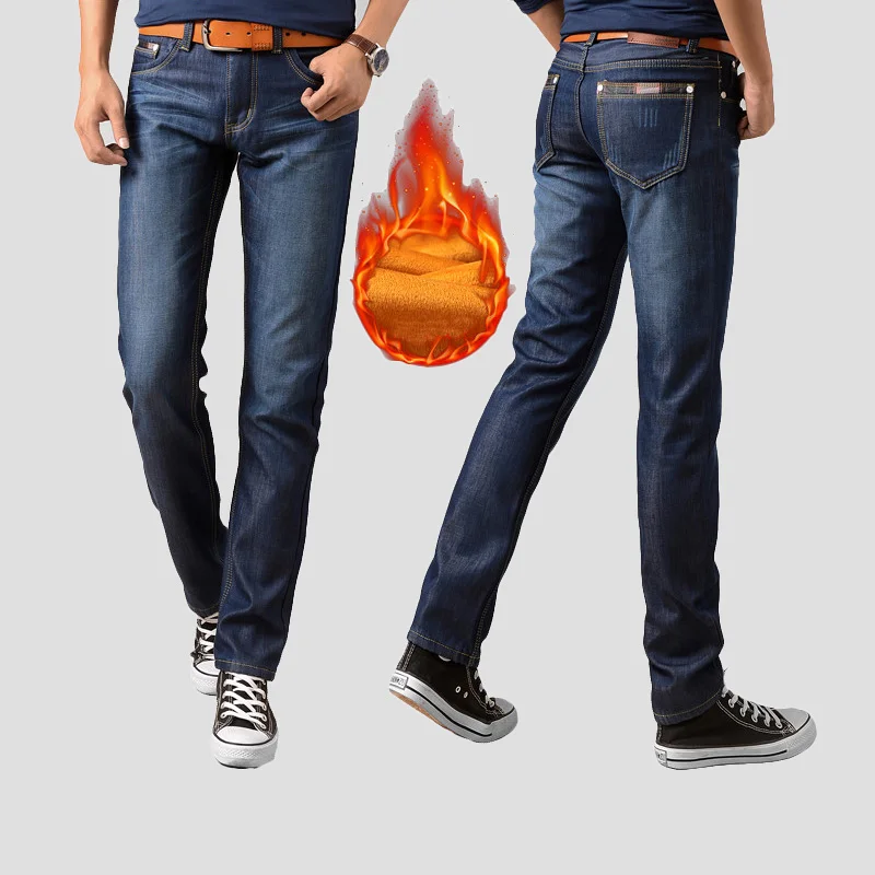 Мужчины Сгустите Прямые Denim Жан Теплый Плюс Бархат Мода Slim Брюки Осенние И Зимние