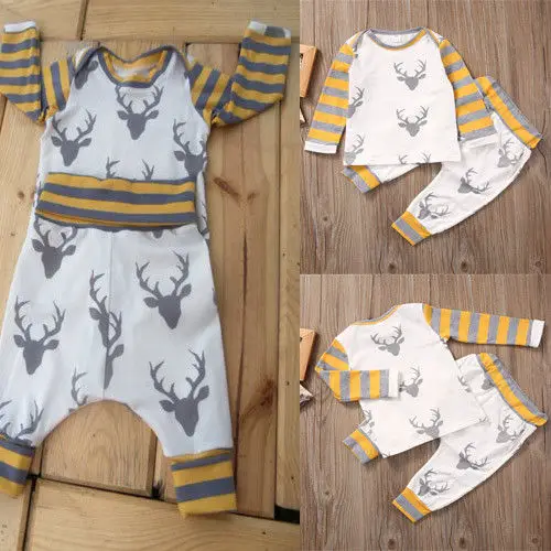

Cute Newborn Baby Boy Girl Long Sleeve Tops +Long Pants Hat 3PCS Outfits Christmas Clothes Set