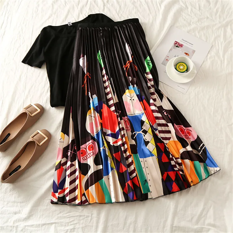 Новая Женская Корейская длинная юбка с мультяшным принтом, юбка с высокой талией, свободная большая свободная юбка, высокая уличная мода, плиссированная юбка