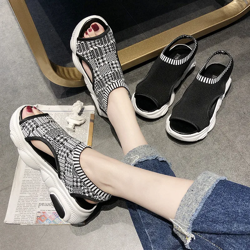 

Knitted Elastic Mesh Open toe Platform sandals women 2019 Summer shoes women Fashion Hollow Slip-On Gingham Casual female shoes