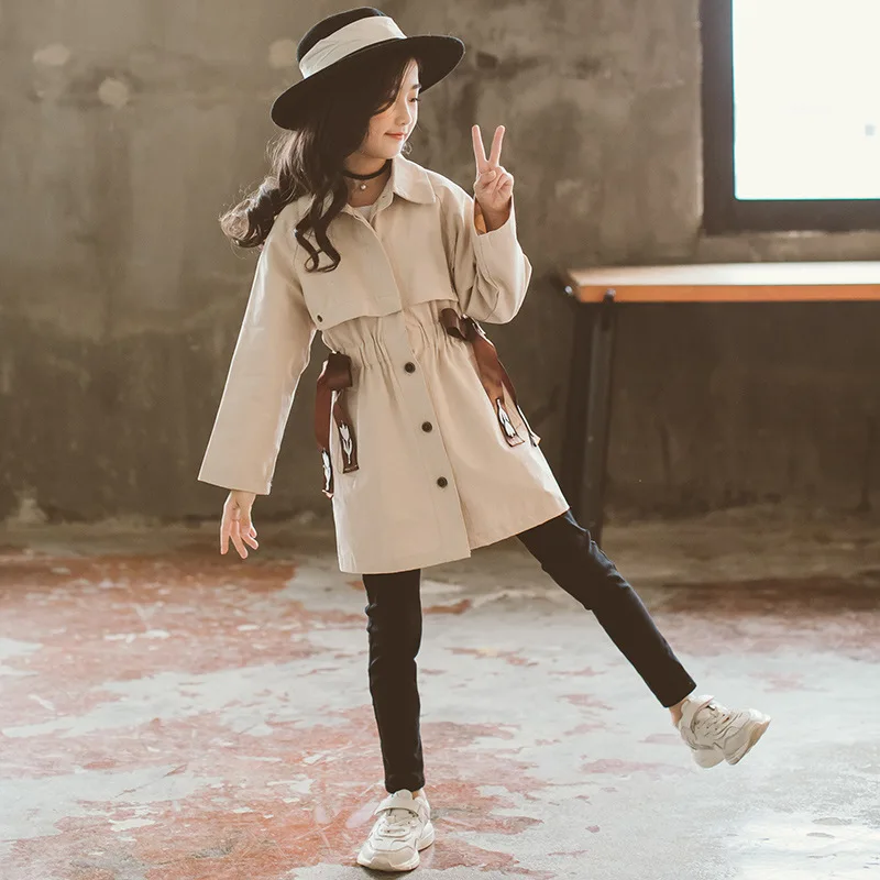 Детский плащ ветровка для девочек длинное пальто с пуговицами верхняя одежда