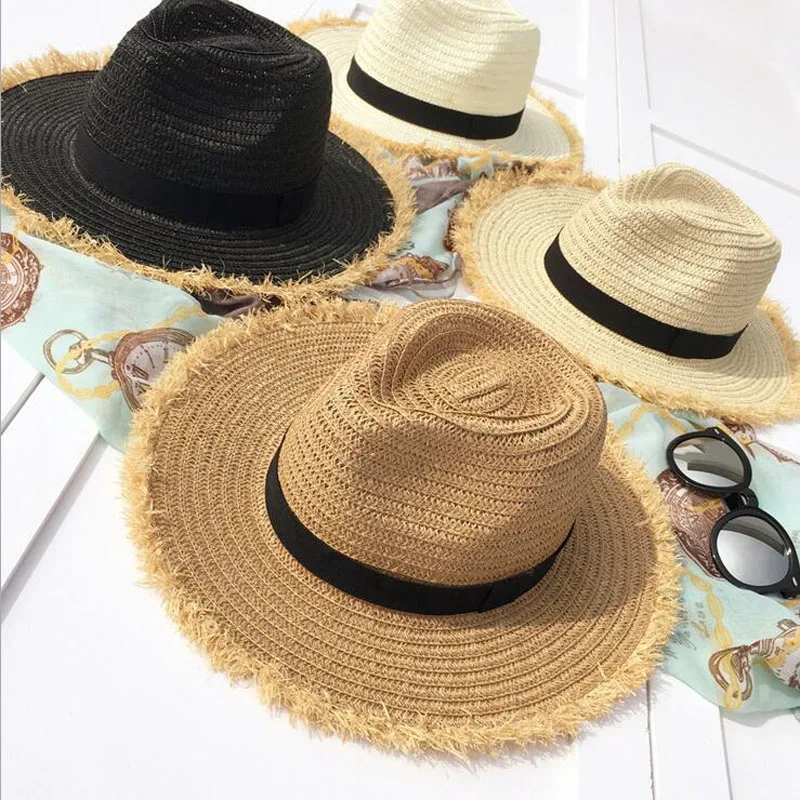 2018 New Women Natural Wide Brim Burr Raffia Straw Hats Fringe Women
