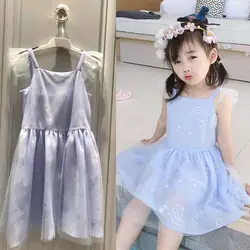 Изысканные летние платья для маленьких девочек с радужным узором, блестящее голубое летнее платье