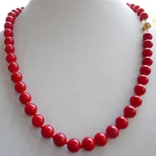 Благородство Лаки Женщины натуральный Solid Gold застежка 10 мм красный коралл камни круглый шарик Цепочки и ожерелья серебро-серебряные украшения-ювелирные изделия