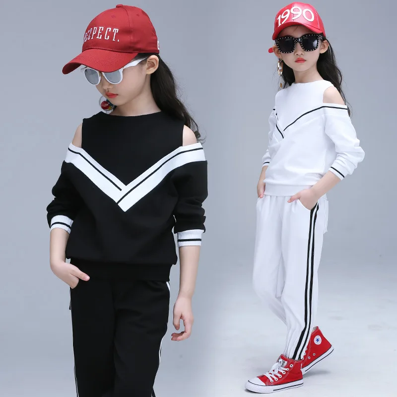 Детский спортивный костюм для девочек; Спортивный костюм; детская одежда в черно-белую полоску; школьная форма; Одежда для девочек; комплект одежды для девочек-подростков