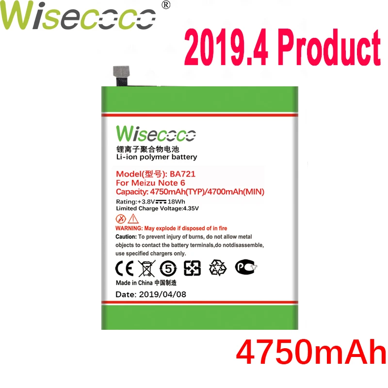 

WISECOCO 4750mAh BA721 Battery For Mei zu Meilan Note 6 M6 Phone In Stock Latest Production High Quality Battery+Tracking Number