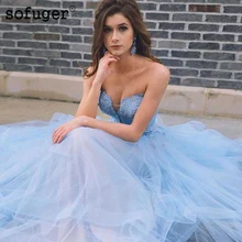 Sofuge Небесно голубой возлюбленной без бретелек Вечерние платья Кружева Аппликации Линия Тюль Арабский мусульманский особых случаев