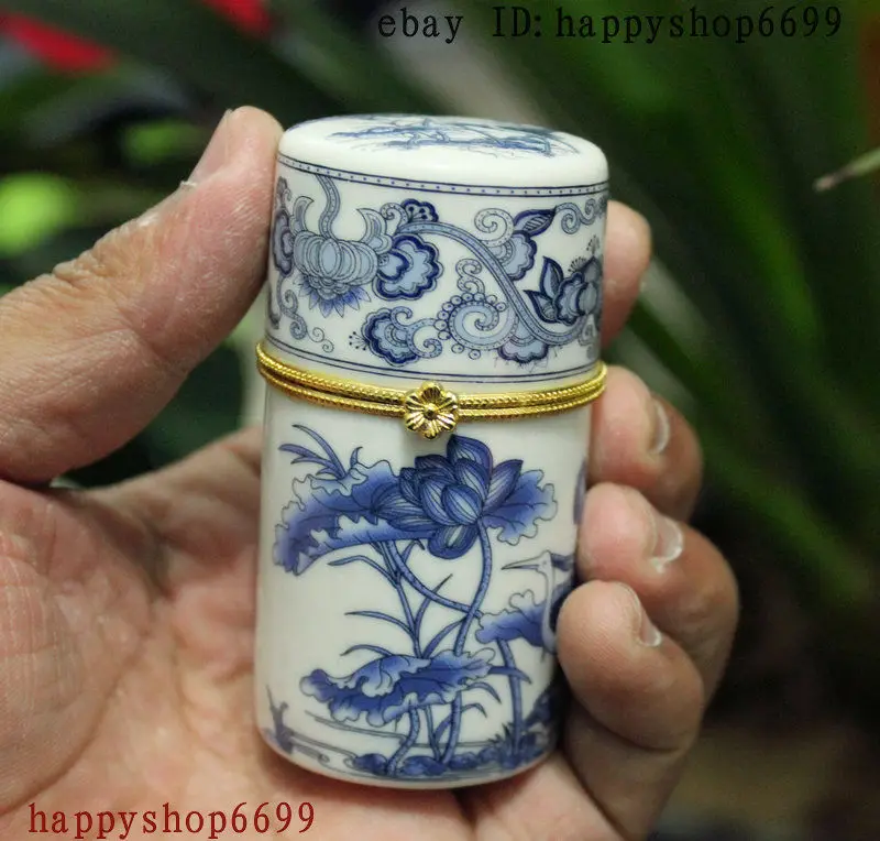 

China Porcelain Cylindrical Bird Crane Lotus Leaf Jewelry Box Toothpick Box. C