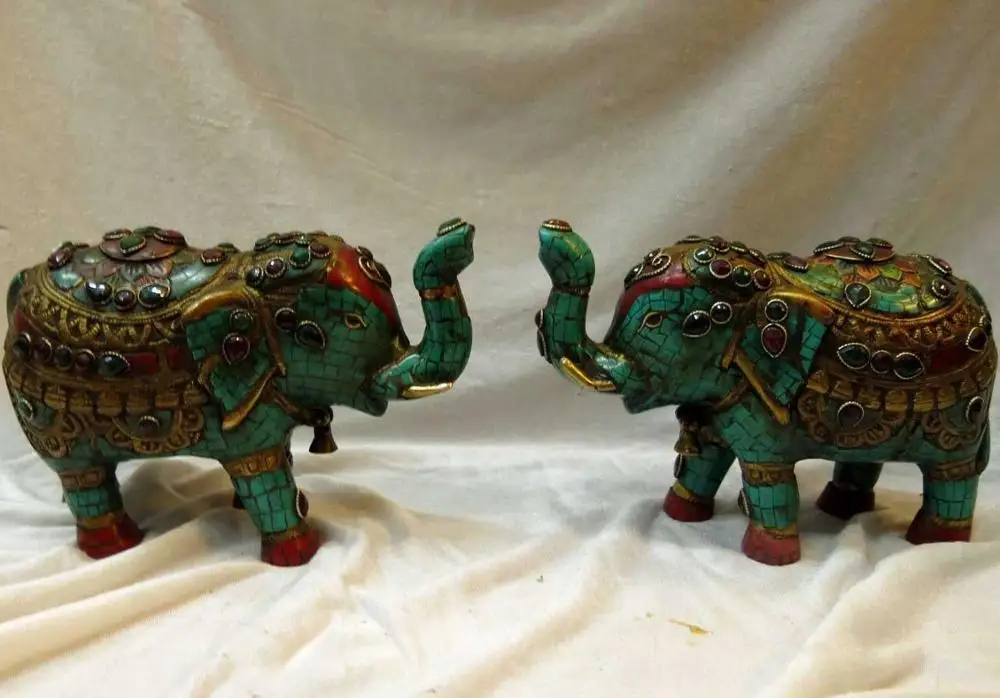 

China Tibet copper inlay turquoise gem fine elephant pair Sculpture Statues