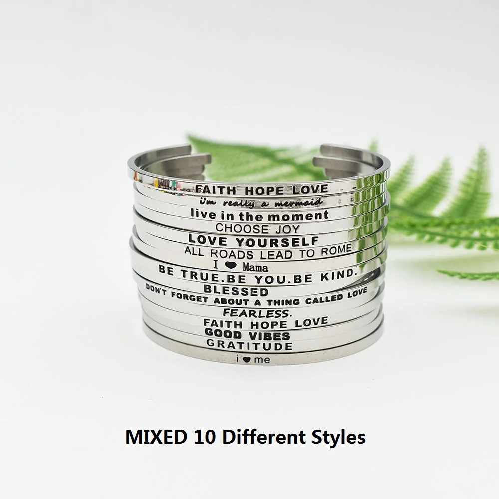 

Mixed 10PCS Different Styles 3MM Stainless Steel Engraved Positive Inspirational M Bangle