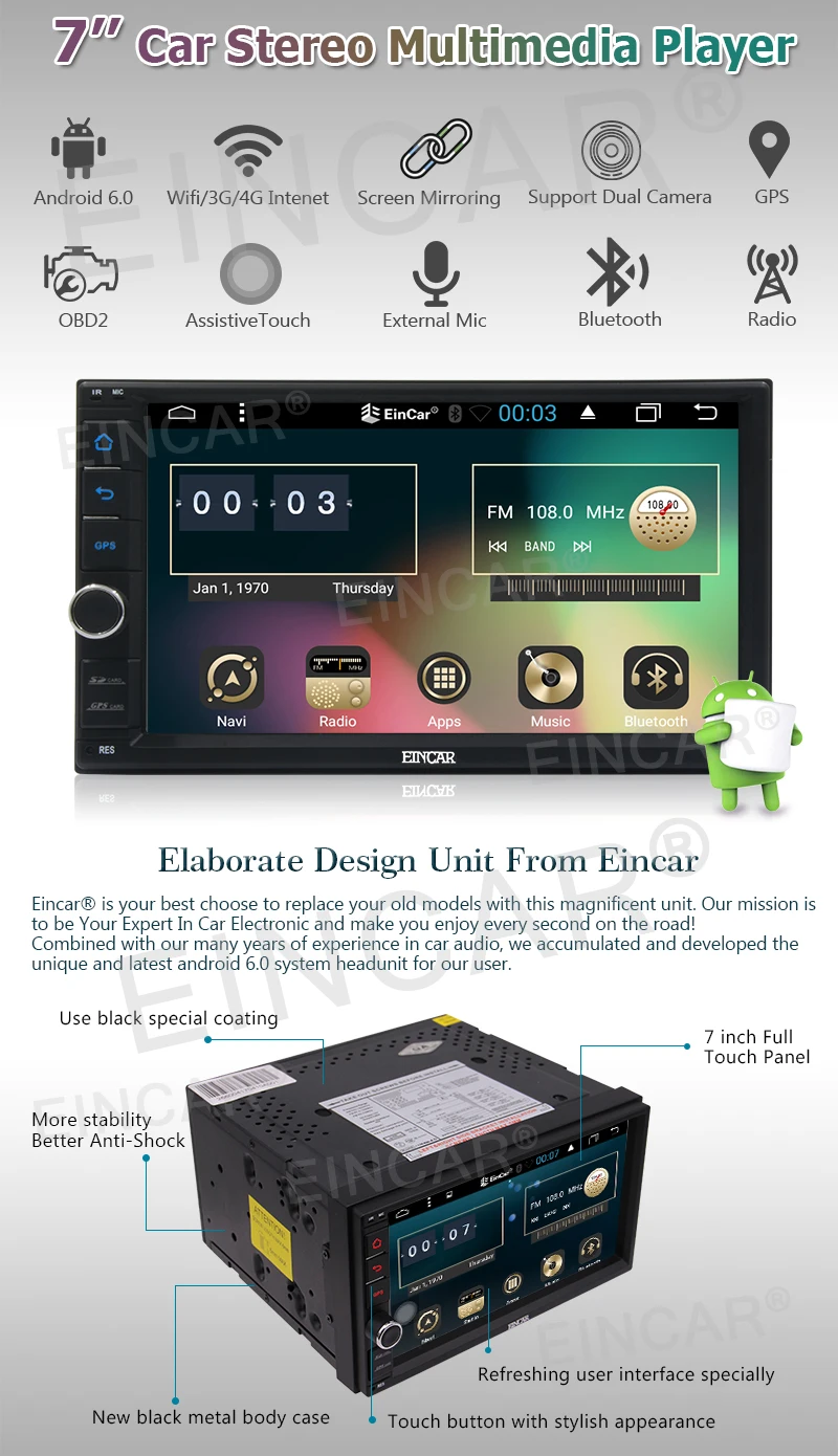 Best Android 6.0 Car styling Cassette Stereo GPS Navigation Double 2 Din Touch Screen Support WiFi Bluetooth+Backup Camera+Microphone 2