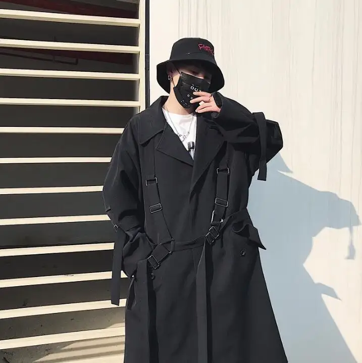 

2019 Men High New Street Punk Hip Hop Ribbon Loose Long Trench Coat Spring Autumn Male Streetwear Fashion Windbreaker Jacket