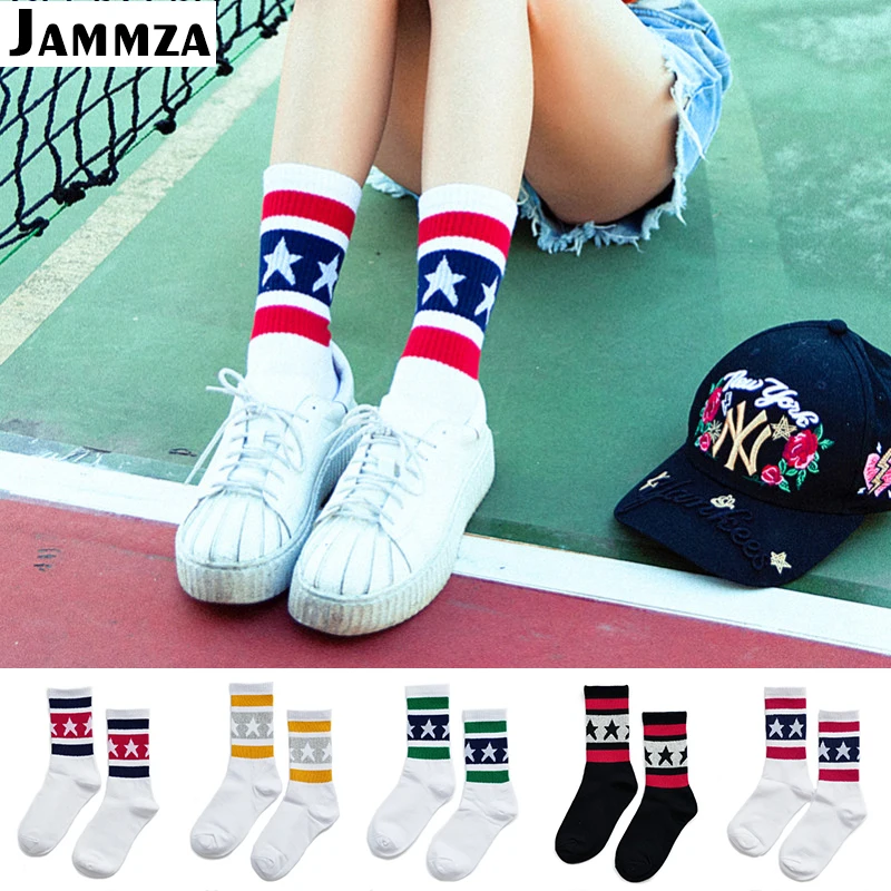 

Women New Korea Fashion Socks Stripe Star Pattern Casual Patchwork White Harajuku Skateboard Girlfriend Cotton Sporty Hiphop Sox