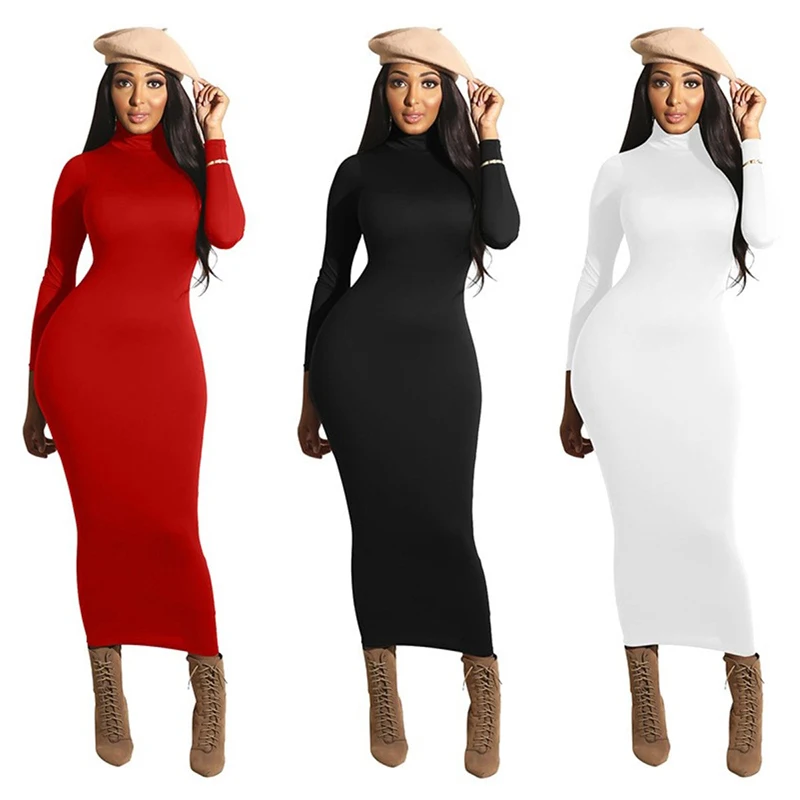 Nadafair Turtleneck Long Sexy Bodycon Dress Women Autumn Winter Long Sleeve Basic Red Black White Solid Midi Dress