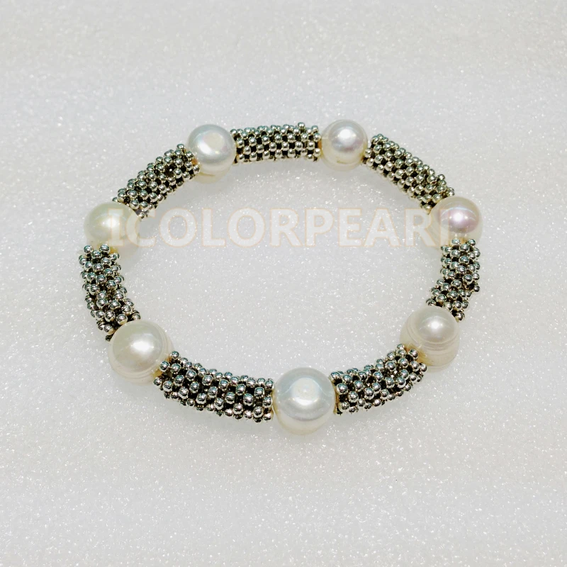 

WEICOLOR 11-12MM Potato Shaped Natural Freshwater Pearl And Silver Snow Flower Item Bracelet On Good Quality Elastic!