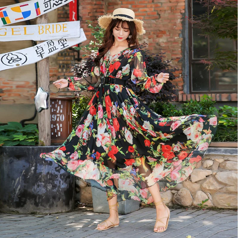 

2022 Floral chiffon Long Sleeve maxi dress bohemia dress full plus size celebrity/graduation/Dinner Dress Beach Sundress