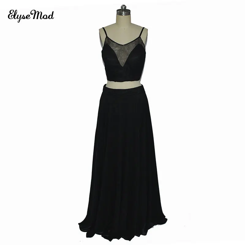 #Special Offers Zwart Zwart Twee Stukken Scoop Spaghetti Chiffon Lange Prom Dresses 2017 Een Lijn Floor Lengte Vrouwen Feestjurken Avond