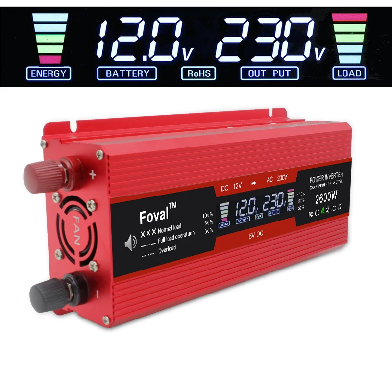 

2600W 2600 Watt DC 12V/24V to AC 220V 230V 240V Auto Inverter LCD Display Power Inverter EU/ Universal Outlet with Cigarette