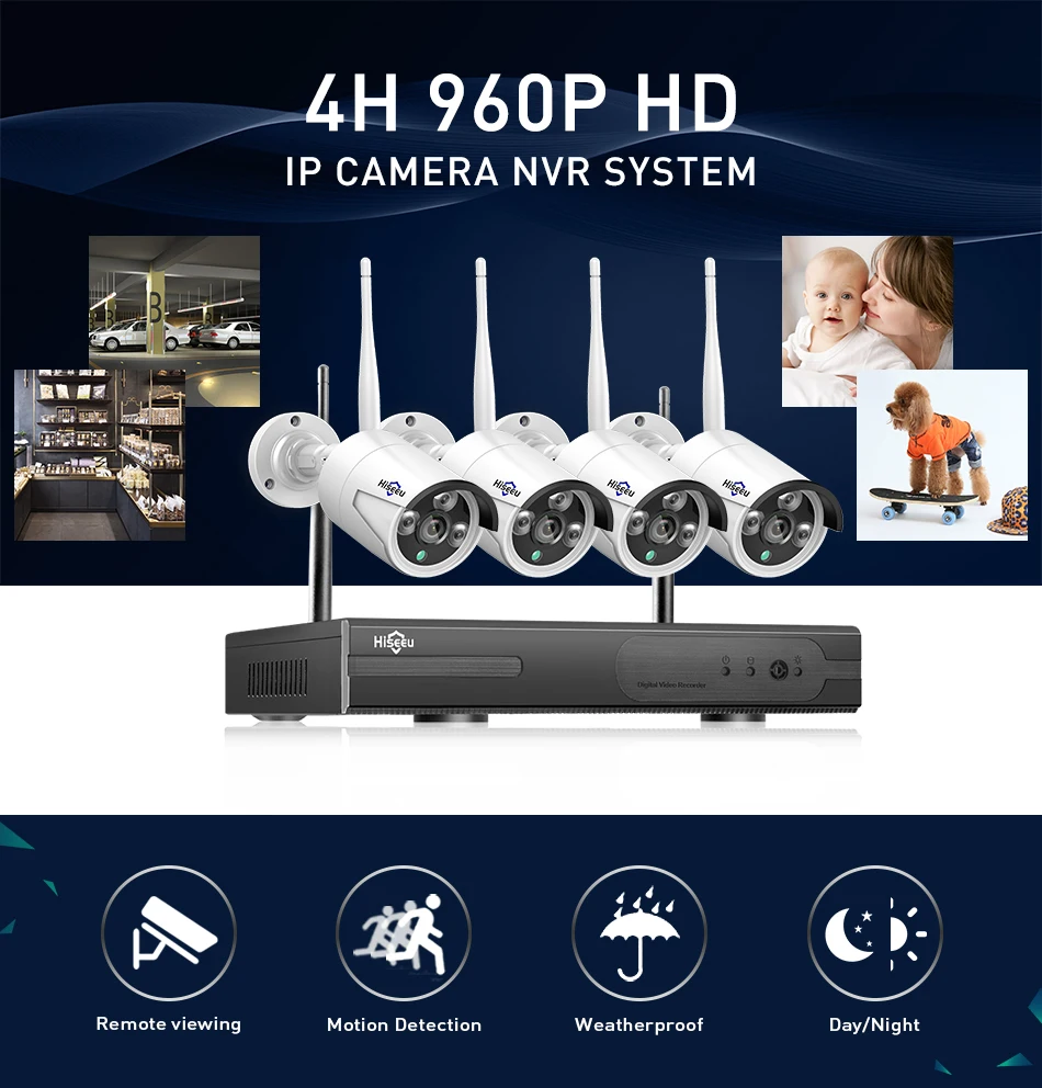 

Hiseeu Wireless CCTV camera System 960P 4ch 1.3MP IP Camera NVR Monitoring Set waterproof outdoor P2P Home Surveillance Kits