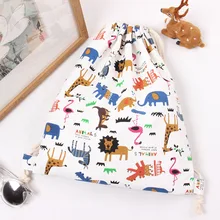 Original Cartoon Drawstring Bag Animal Print Zoo Student Shoes Bag Cute Canvas Travel Storage Shoulder Drawstring Backpack