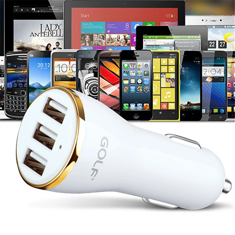 Автомобильное зарядное устройство GOLF с 3 USB выходами для быстрой зарядки iPhone Samsung