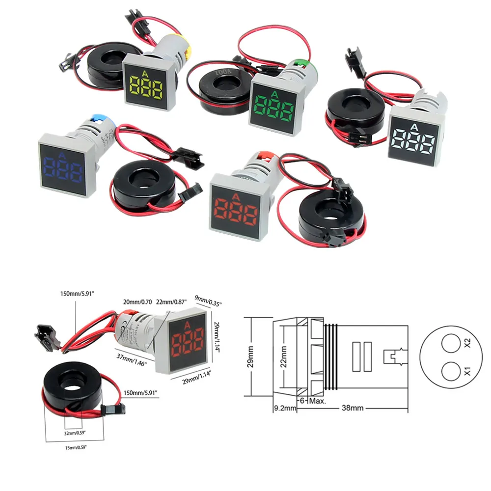 22 мм 0-100A цифровой амперметр измеритель тока индикатор светодиодная лампа квадратный сигнальный светильник красный желтый зеленый белый синий цифровой