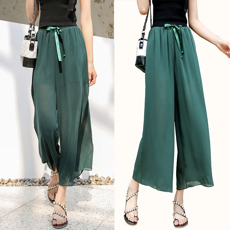 Summer 2019 Breathable Thin Folded Ice Silk Chiffon Wide-legged Pants Women's Nine-minute Pants and Eight-minute Pants Women Summer 2019 Breathable Thin Folded Ice Silk Chiffon Wide-legged Pants Women's Nine-minute Pants and Eight-minute Pants Women