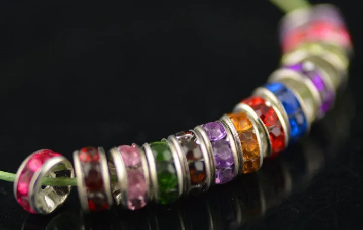 

Free Shipping 8MM Mixed Color Spacer Metal Silver Plated Rondelle Rhinestone Loose Beads For DIY Jewelry Making crystal