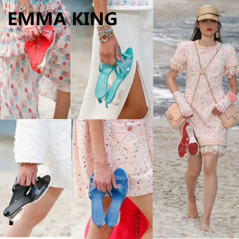

2019 Runway Clear Heel Sandals Slipper Women Open Toe PVC Transparent Ladies Roman Beach Shoes Woman Chunky Heels Mules Slippers