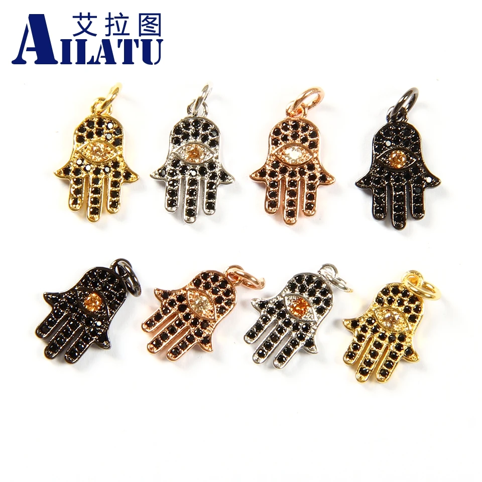 Ailatu Religious Hamsa Hand Charms With Black Cz And Dark Brown Eyes