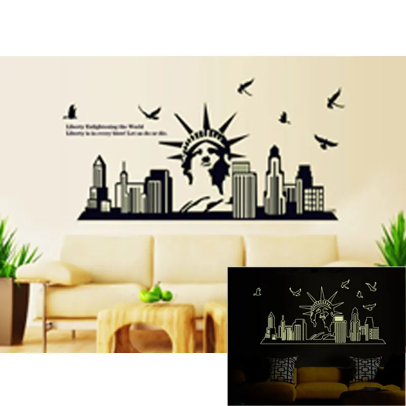 

New York City Silhouette Statue of Liberty Background Popular Fluorescent luminous Wall Sticker Decoration Living Room -Drop