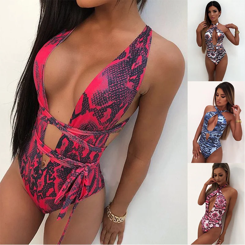 

New Snake Print Swimsuit Women Leopard One Piece Bathing Suit Deep V Bandage Beachwear Sexy Monokini Push Up Padded Swimwear