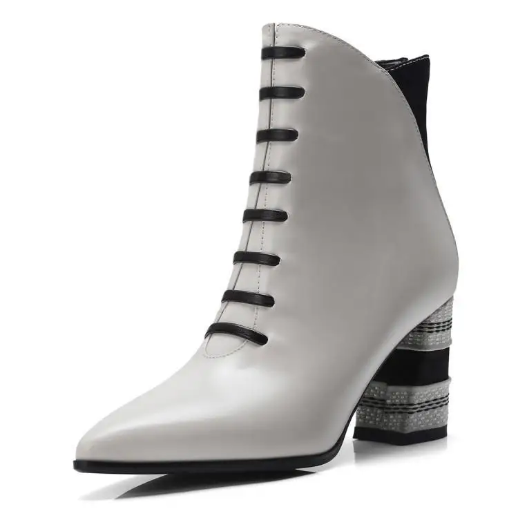 Черные, кремово-белые кожаные женские ботильоны с острым носком, зимняя обувь с Т-образным ремешком, женская обувь смешанных цветов на не