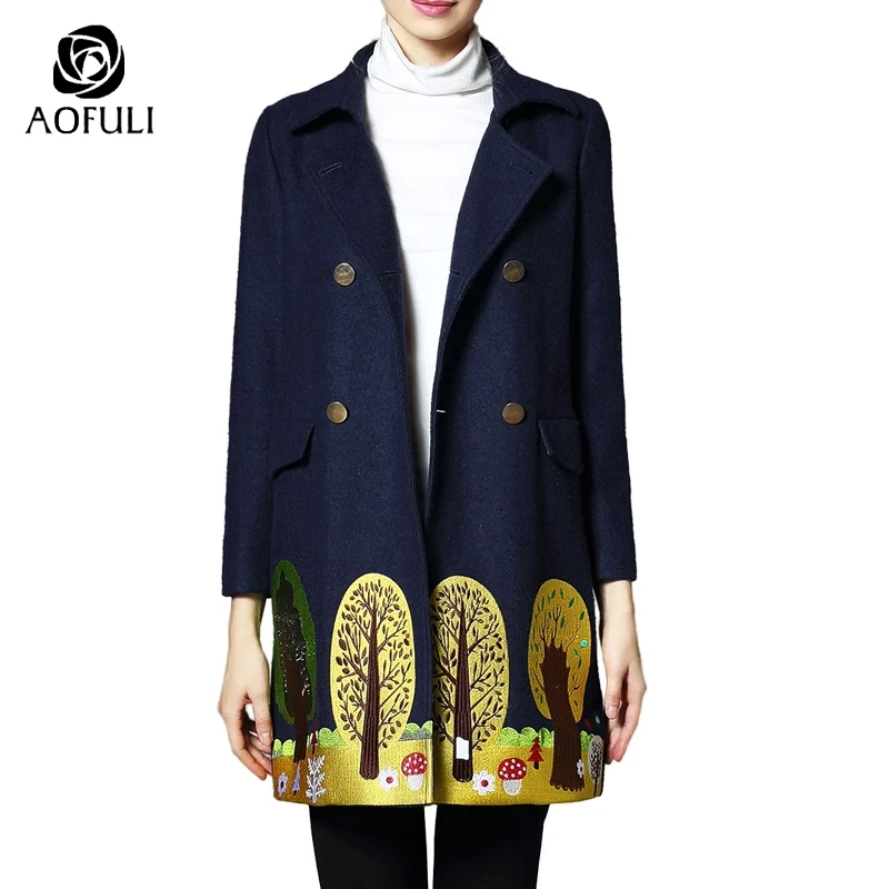 S- 5XL Women Winter Embroidery Long Wool Coat Plus Size Turndown Collar Long Sleeve Overcoat Double-Breasted X-Long Tops 3260