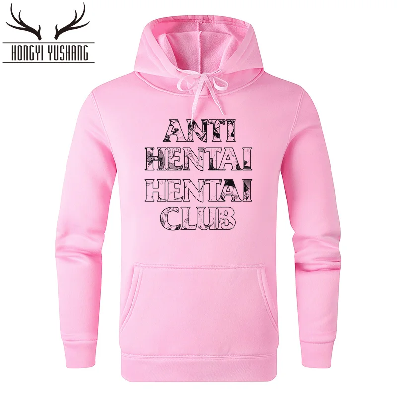 Мужская толстовка с капюшоном флисовый пуловер надписью Anti Hentai для клуба модель