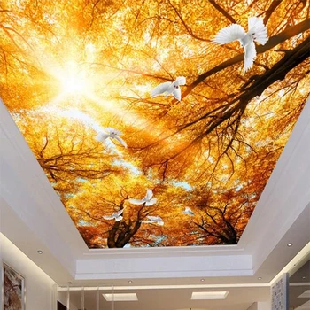 

Custom Large Seamless Mosaic Ceiling Zenith Mural Wallpaper 3D Stereo Sunshine Yellow Maple Dove Natural Decor 3D Ceiling Murals