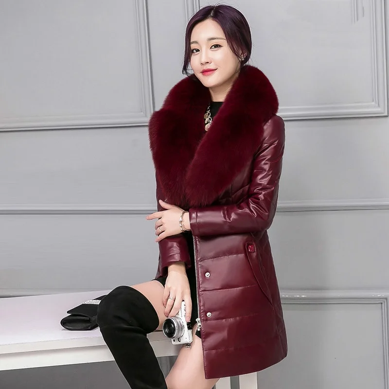 Big Fur Collar Coat Women 2016 Winter High Imitation Fox Fur Coats Long Sleeve Thick Warm PU Fabric Down Jacket Ladies Outwear