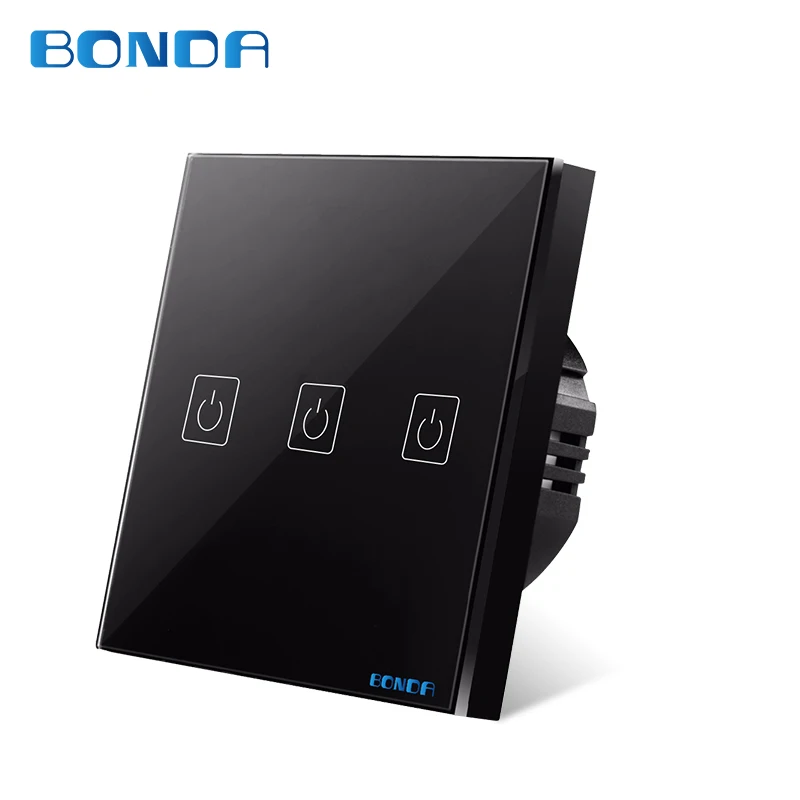 BONDA сенсорный выключатель стандарт ЕС белый кристалл стекло панель сенсор, AC110V-220V, 1 комплект, 1 способ, сенсорный экран настенный светильник переключатель - Цвет: three open black