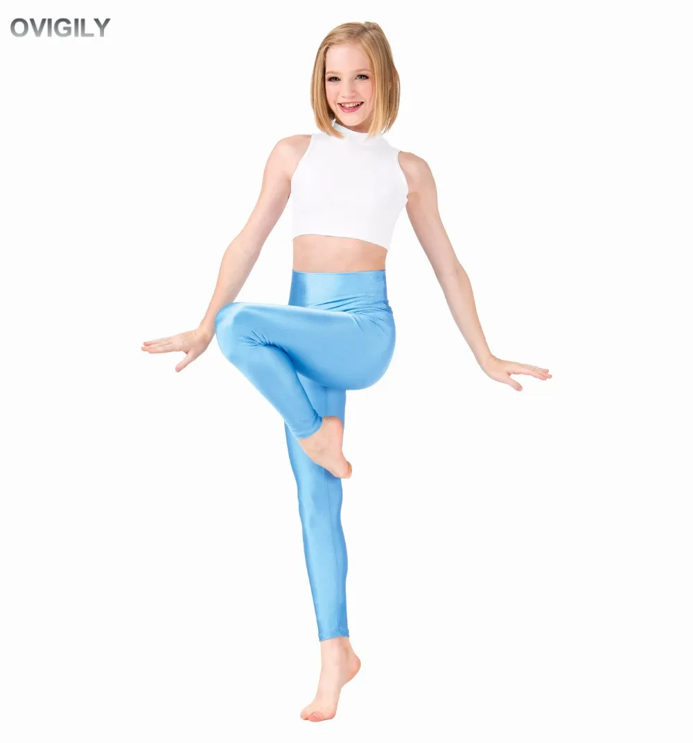 OVIGILY Girls Mid Waisted Shiny Metallic Leggings Stretch Ankle Length  Dance Pants Kids Stage Performance Leggings - AliExpress