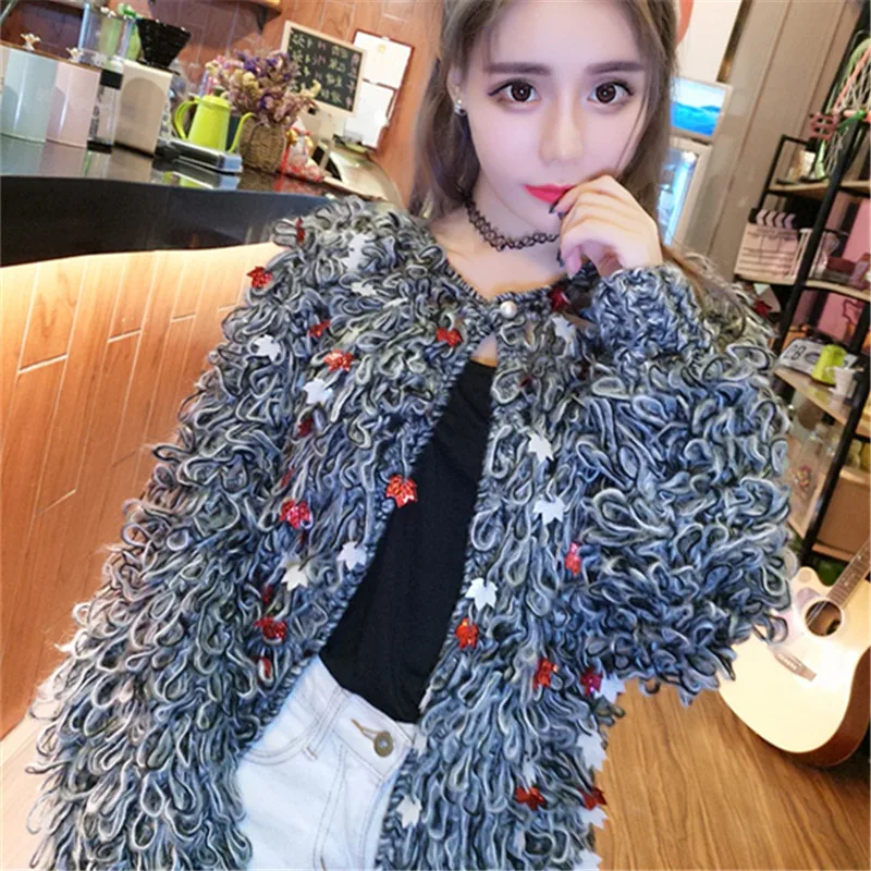 Шикарный бомбер кленовый лист блестки круг мохеровые Вязаные кардиган ...